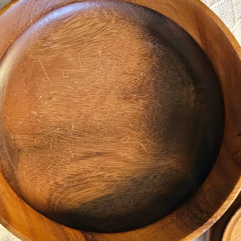 Vintage MCM Monkeypod Wood Salad Bowl Set 10 Piece Set Hawaiian Hand Carved